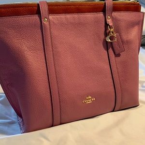 Coach 1573 Rose Leather May Tote w/ Red Signature Canvas Detail retails at $428